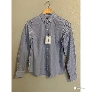 UNTUCKit Cotton Marsanne Button Up Shirt Navy Blue & White Stripe Size 0 NWT